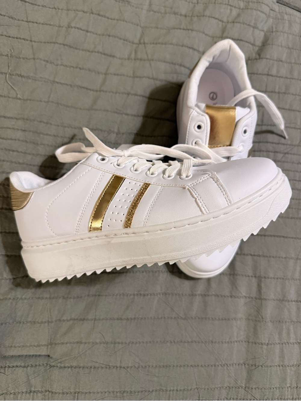 Women's White Platform Sneakers with Gold Accent